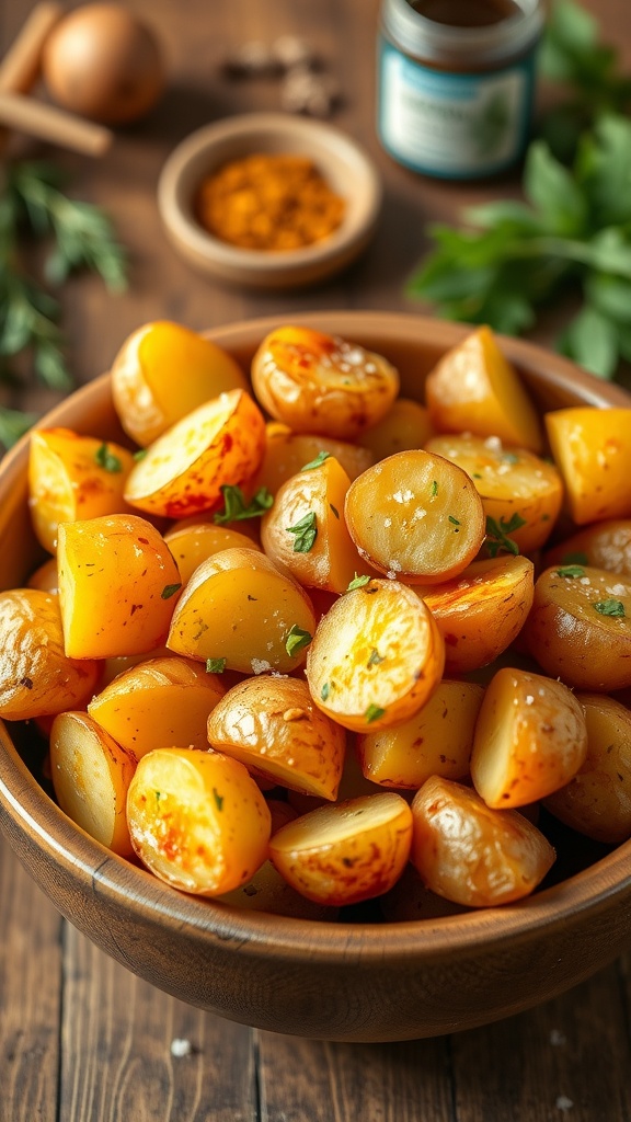 Crispy golden yellow potatoes from the air fryer, garnished with herbs in a rustic wooden bowl.
